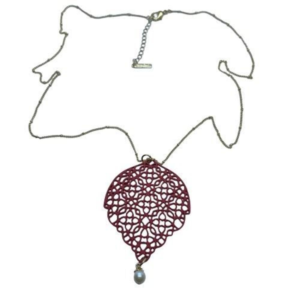Vantel Pearls 28” Long Gold Chain Necklace w/ Large Red Pendant & Pearl Dangle